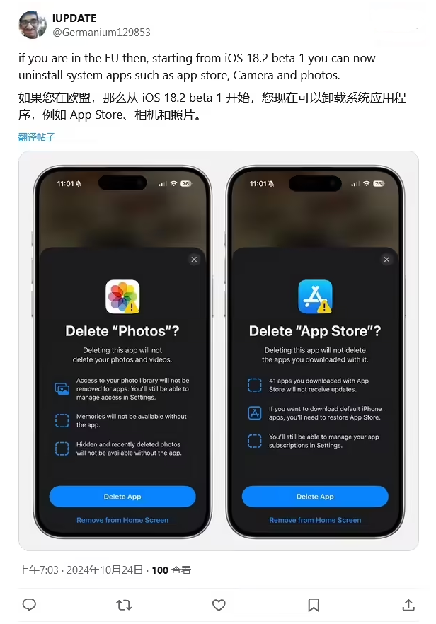 镇康苹果手机维修分享iOS 18.2 支持删除 App Store 应用商店 