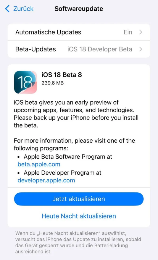 镇康苹果手机维修分享苹果 iOS / iPadOS 18 开发者预览版 Beta 8 发布 